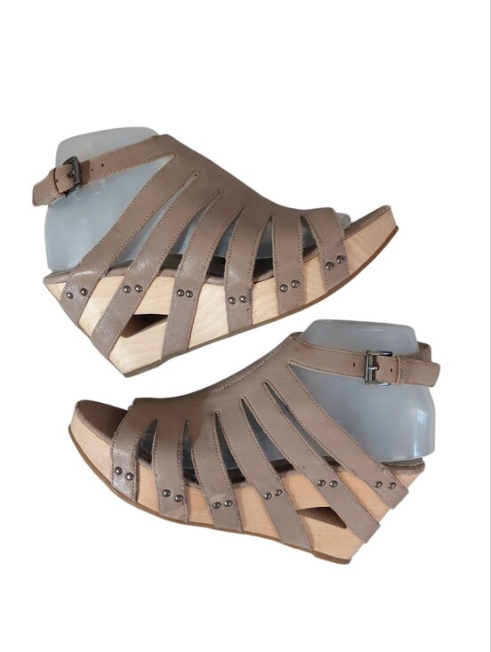 Eileen Fisher Shoes - Eileen Fisher Taupe Strappy Cut Out Wood Wedge Sandals Size 8